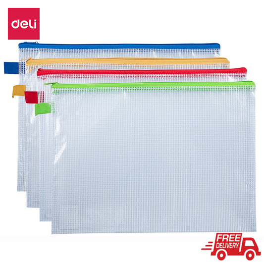Deli 4Pcs Zip Bag A4 Transparent PVC Mesh Bag for Easy Organization